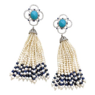 Natural Sapphire, Turquoise, Pearl, & Diamond Earring in 14k Gold For Sale