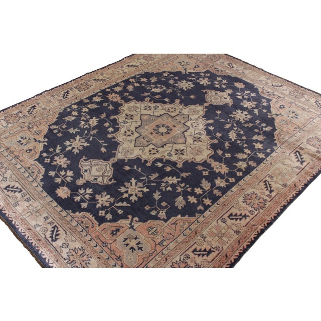 Traditional Hand-Knotted Antique Turkish Oushak Rug in Blue, Pink Medallion Floral Pattern For Sale - Image 3 of 7