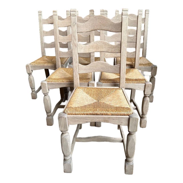 Set 6 Vintage French Ladder Back Dining Chairs Rush Seat Bleached Oak Farmhouse For Sale