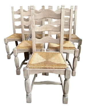 Set 6 Vintage French Ladder Back Dining Chairs Rush Seat Bleached Oak Farmhouse