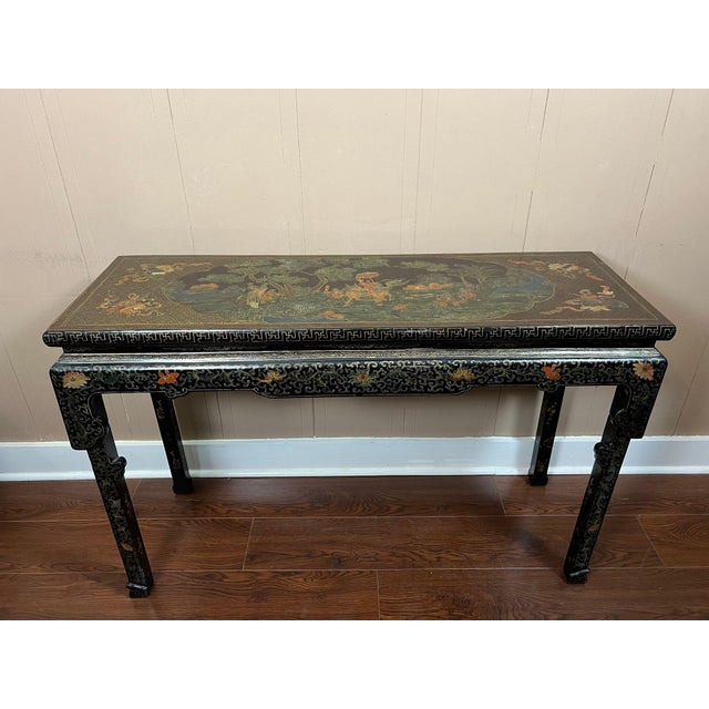 Chinoiserie Vintage Chinese Console Table Black Lacquer Chinoiserie Gilt Hand Painted C1950 For Sale - Image 3 of 18