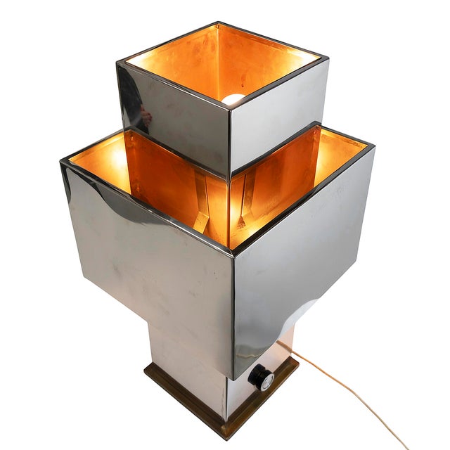 Vintage table lamp "Love" from 1970's. Table lamp in square stainless steel, copper color interior, brass bottom with...