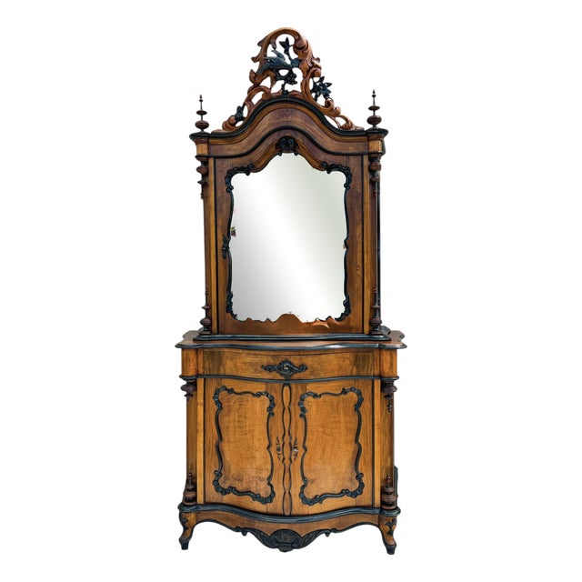 Antique Victorian Mirror Cabinet in Carved Walnut, 1870 For Sale