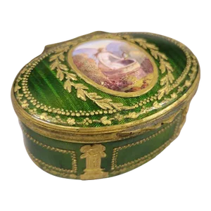 18th C French Green Guilloche Enamel Box With Gold Gilt