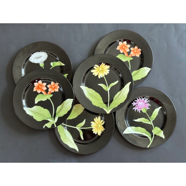 Fitz and Floyd Black Floral Dessert or Salad Plate Dish Set of 6 For Sale - Image 12 of 12
