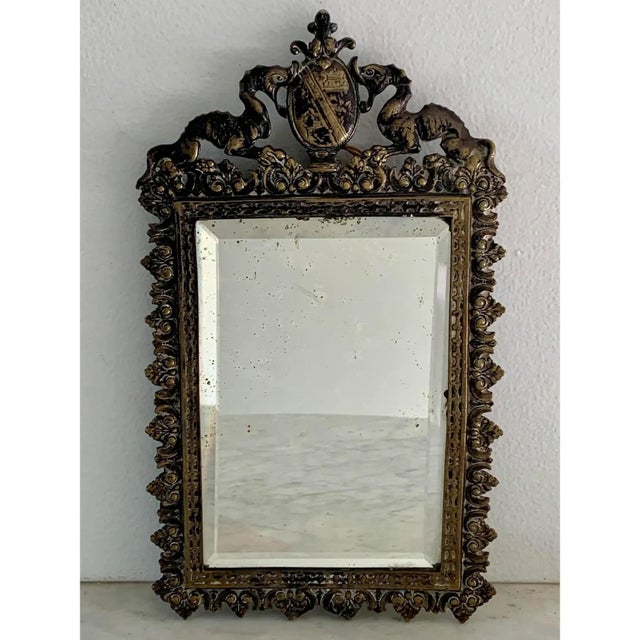 French Provincial Early 20th Century French Cast Brass Heraldic Mirror With Dragons & Coat of Arms For Sale - Image 3 of 12
