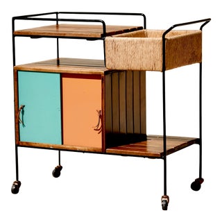 1950s Arthur Umanoff Mid Century Modern Iron Bi-Color Rolling Bar Cart For Sale