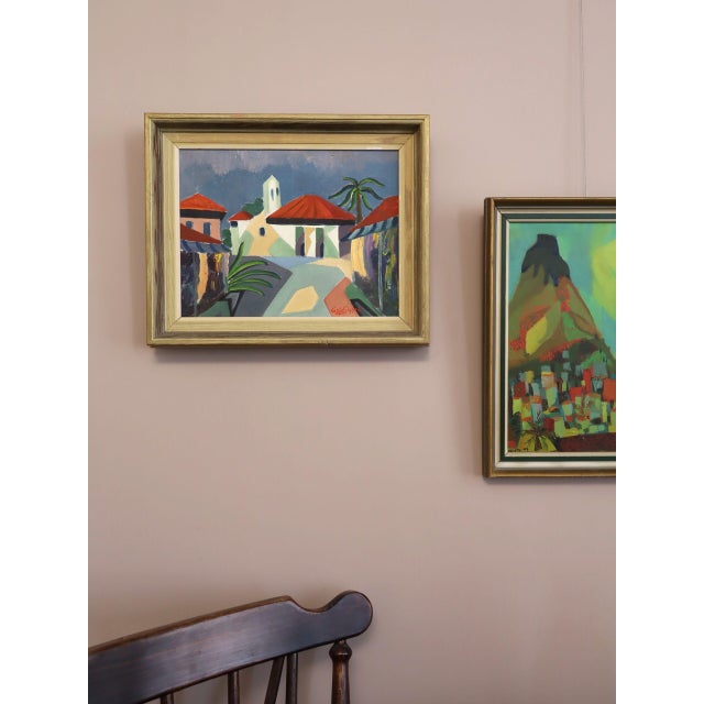 Mid-Century Modern 'Where the Palms Sway' Vintage Original Landscape Oil Painting, Framed For Sale - Image 4 of 13