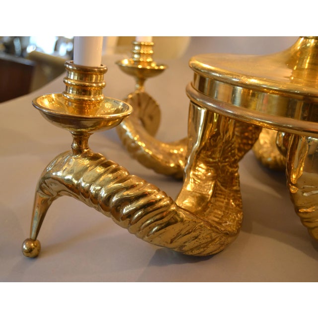 Bronze 1950s Hollywood Regency Five Light Ram Horn Bronze Chandelier & Canopy For Sale - Image 8 of 12