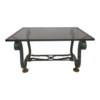 1940's French Coffee Table -Green Patinated Iron & Gilt W/ Smoke Glass Top For Sale