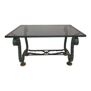 1940's French Coffee Table -Green Patinated Iron & Gilt W/ Smoke Glass Top