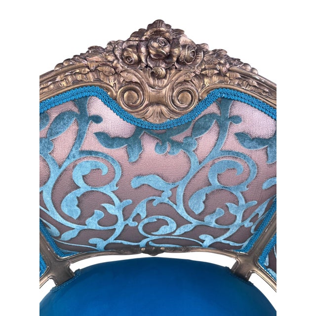 Antique French Louis XV Style Carved & Painted Bergere Gilt Chairs Newly Reupholstered in Patterned Teal Velvet - Pair For Sale - Image 9 of 10