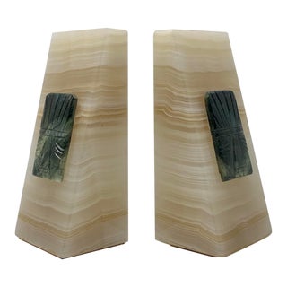 Vintage Onyx Bookends With Aztec Medallion - a Pair For Sale
