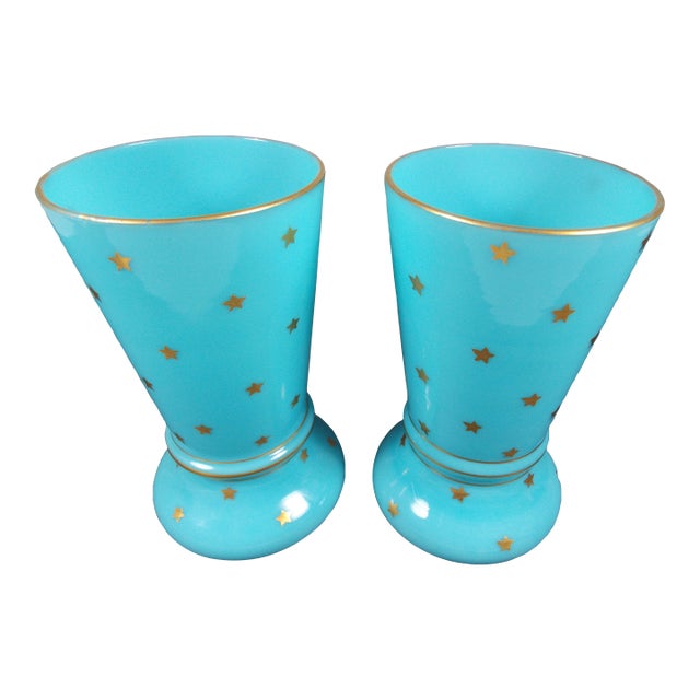 Pair of 1880s Antique French Blue Opaline Vases For Sale