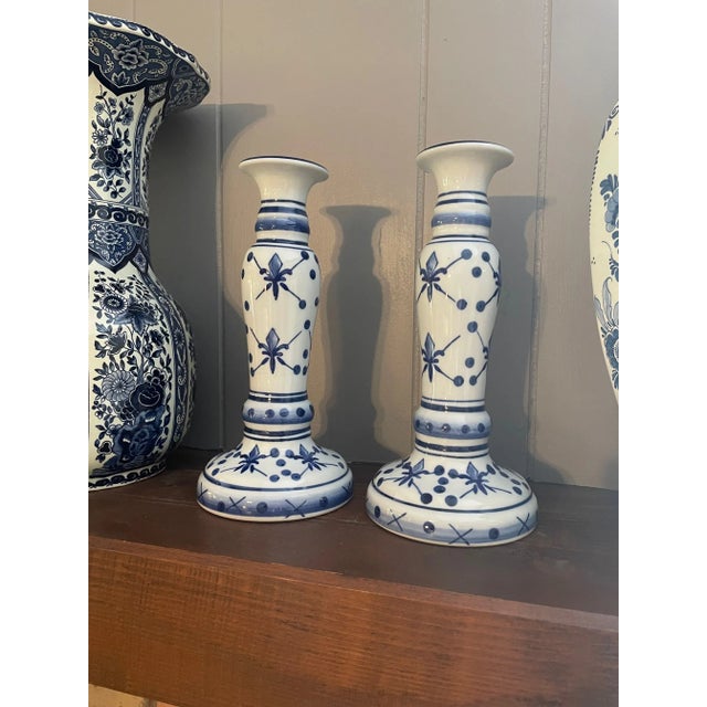 1990s French Style Blue and White Ceramic Candlestick Holders - a Pair For Sale - Image 11 of 12