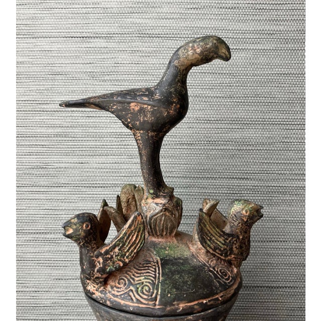 Chinese Antique Qing Dynasty Era Chinese Bronze Vessel W/ 3d-Birds, 18" T. X 6" W. For Sale - Image 3 of 12