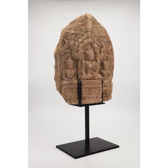 19th Century Large Buddha Votive Plaque, Sandstone on Metal Stand, India For Sale - Image 12 of 17