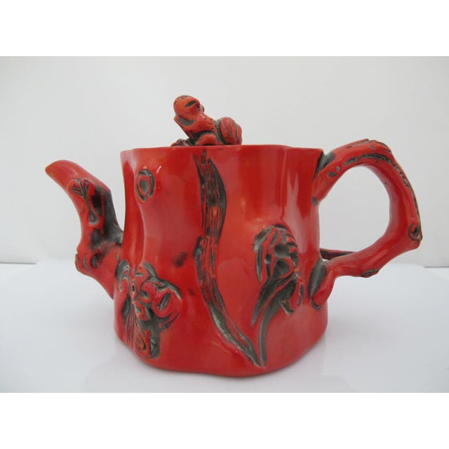 Paint Chinese Red Lacquer Tree Trunk Branch Handle Squirrel Finial Lid Teapot For Sale - Image 7 of 15
