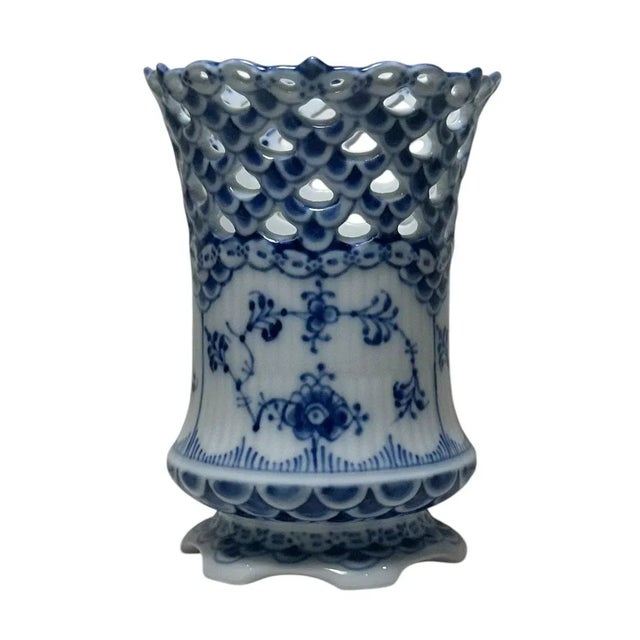 Beautiful turn of the century Royal Copenhagen fluted full lace vase, finely decorated in the classic blue and white...