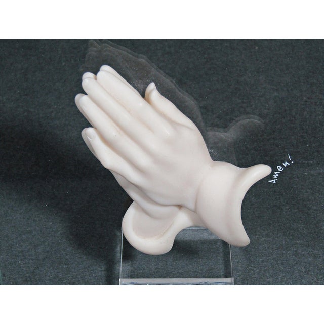 Vintage 3-D Praying Hands Sculpture on Glass Panel With Acrylic Stand For Sale - Image 4 of 8