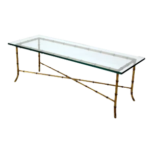 X Base Rectangular Mid Century Modern Gilt Faux Bamboo Glass Top Coffee Table