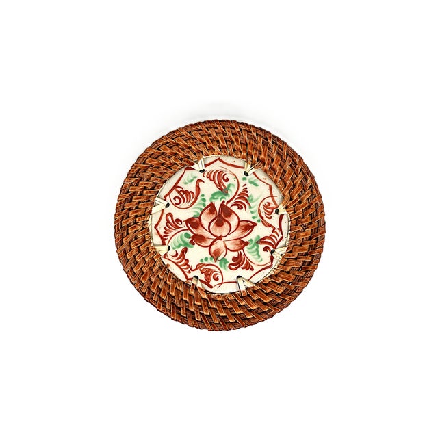 Contemporary Asian Moder Bat Trang Vietnam Rattan & Ceramic Coasters With Hand Painted Red Lotus Floral Motif - Set of 4 For Sale - Image 3 of 7