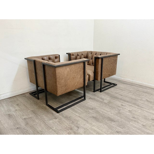 Pair of Modern Tufted Leather Club Chairs For Sale - Image 9 of 11
