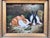 This is a sweet, framed oil painting of bunnies sharing a lettuce leaf that is mounted in thick gold-tone frame with pale...