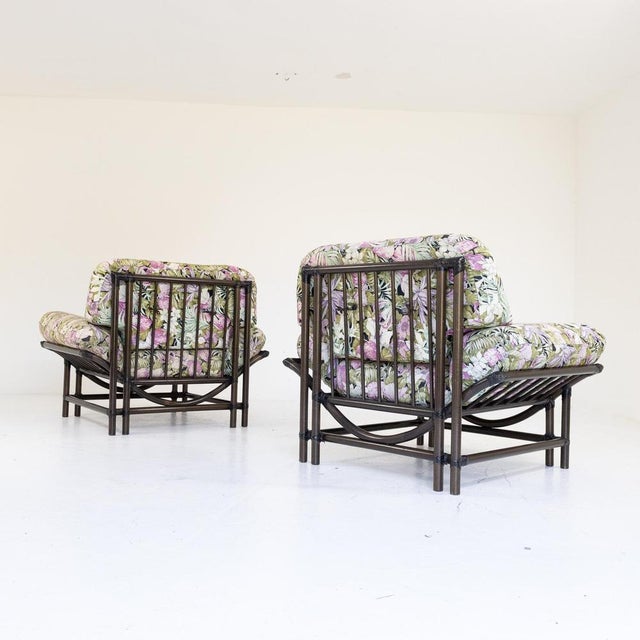 Rattan Armchairs with Floral Cushions, 1970s, Set of 2 For Sale - Image 3 of 9