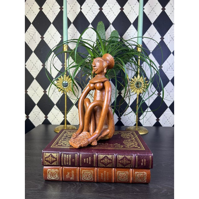 Brown Vintage Indian Terracotta Seated Woman Folk Art Sculpture, 10" For Sale - Image 8 of 18