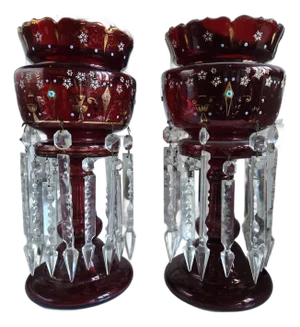19th C Bohemian Cranberry Glass Enamel Lustres
