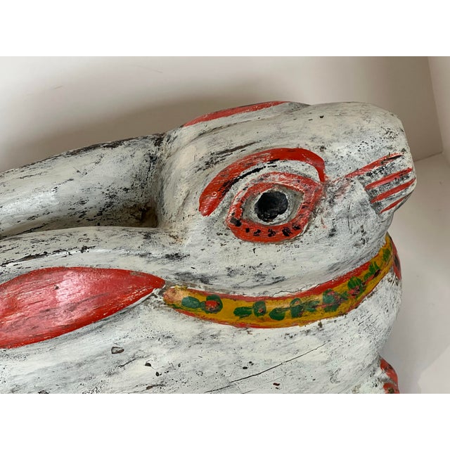 Folk Art Vintage Balinese Carved Wood Rabbit Sculpture – Hand Painted Folk Art Bunny, Bali Indonesia 22” For Sale - Image 3 of 6
