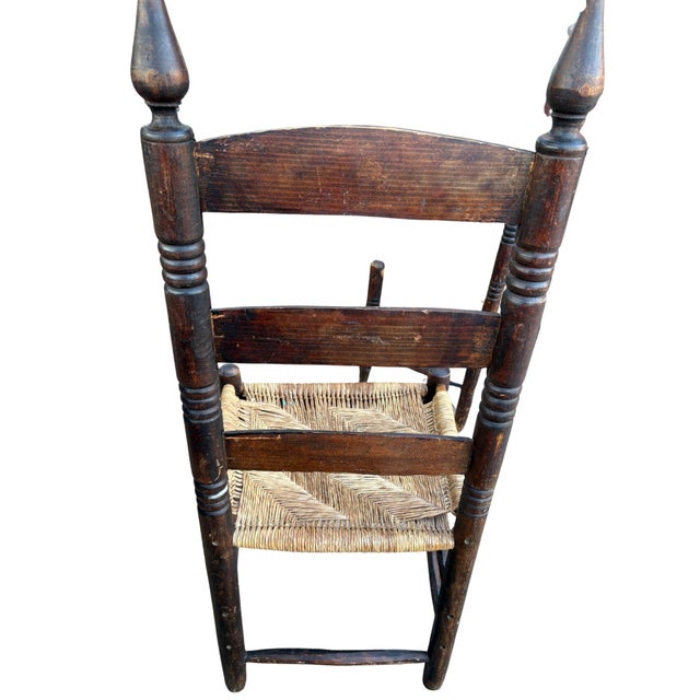 Set of Three Antique Primitive Ladder-Back Chairs With Woven Herringbone Rush Seats and Finials For Sale - Image 10 of 12