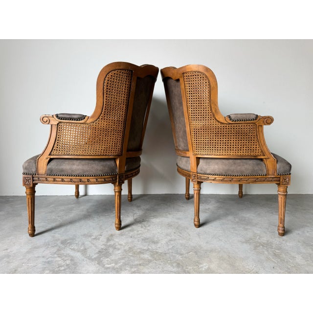 Vintage Century Furniture Louis XVI–Style Double Cane and Leather Club Chairs – A Pair For Sale - Image 11 of 12