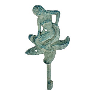 1970s Vintage Coastal Nautical Cast Iron Verdigris Mermaid Wall Hook. For Sale