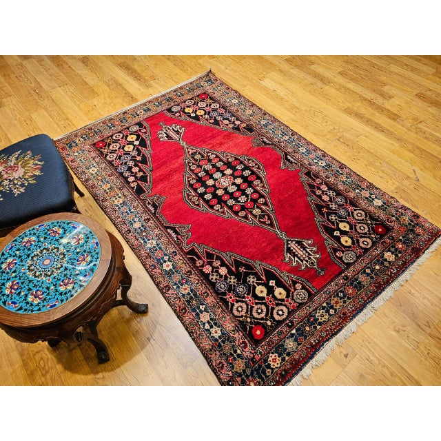 Vintage Mazgalan Area Rug, Hand-Knotted Wool, Geometric Pattern, 5x7, Red & Navy For Sale - Image 9 of 18