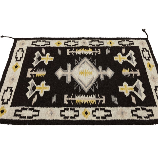 Native American Modern Navajo Style Handmade Wool Area Rug in Black, Cream & Ochre Accent For Sale - Image 3 of 8