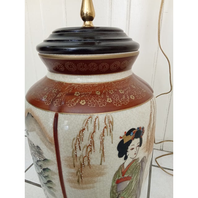 1930s Asian Ceramic + Wood Satsuma Crackle Glaze Hand Painted 32" Lamp For Sale - Image 10 of 15