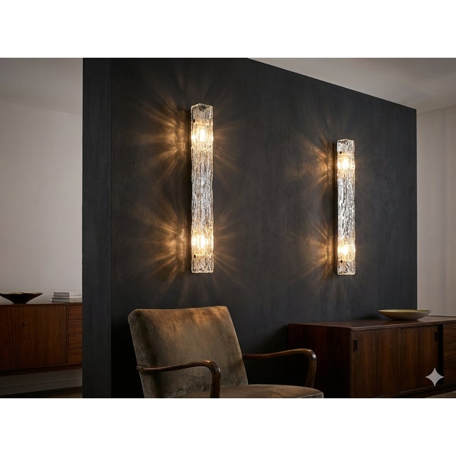 Length: 90 cm Two extra large wall sconces made of Murano ice glass, excellent German workmanship by Kaiser Leuchten....