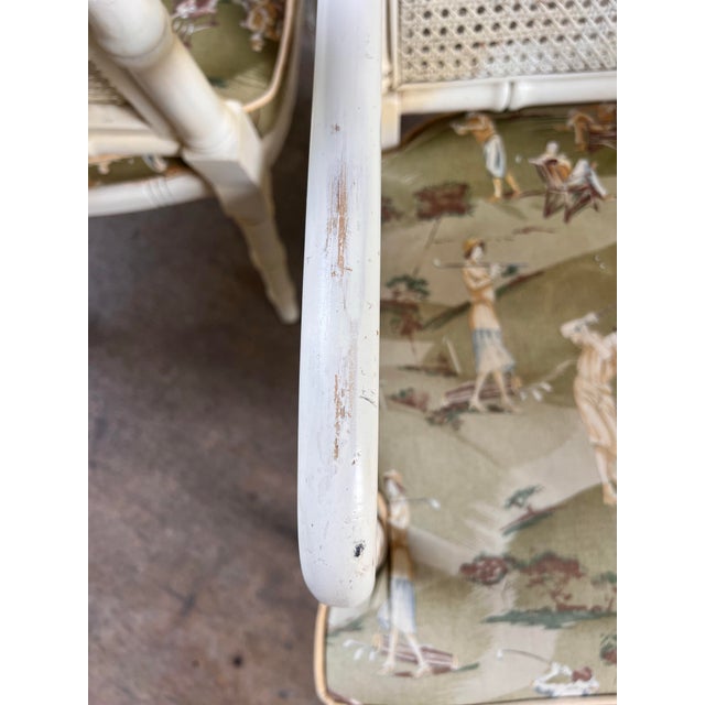 Late 20th Century Faux Bamboo and Cane Backed Armed Side / Accent Chairs in Off White With Upholstered Seat - A Pair For Sale - Image 9 of 12