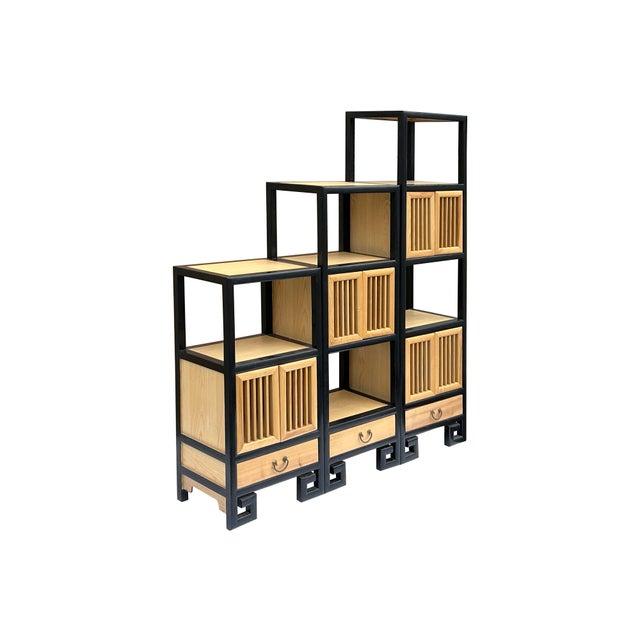 Set of 3 Black Tan Shutter Doors Display Cabinet Bookcase Room Divider For Sale - Image 4 of 12