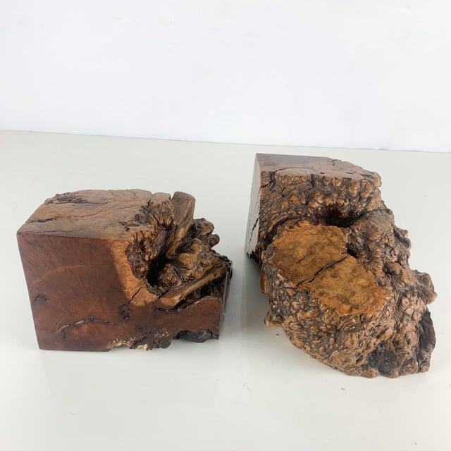 Large Vintage Pair Unique Burl Wood Carved Sculptural Book Ends Mid Century MCM For Sale - Image 11 of 12