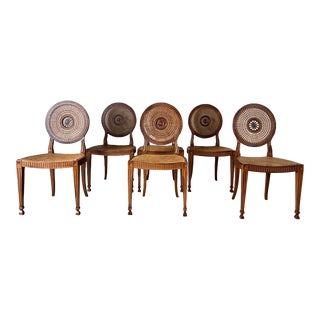 Set of Six Vintage Italian Wood and Cane Dining Chairs For Sale