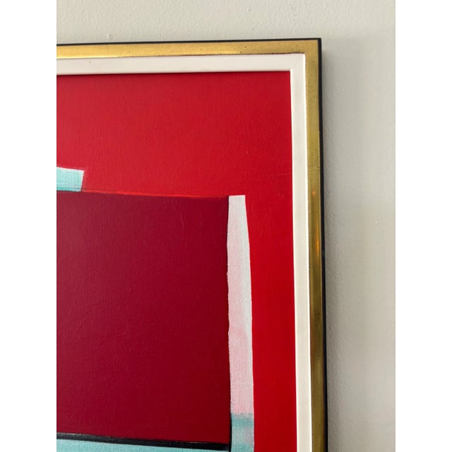 Wood Silvio Oppenheim Mid-Century Abstract Geometric Painting in Red & Blue Signed 1984 For Sale - Image 7 of 11