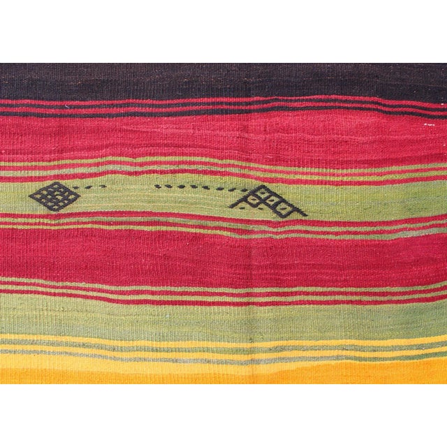 Textile Mid 20th Century Bright & Colorful Vintage Turkish Kilim Rug in Stripes Design With Vivid Colors For Sale - Image 7 of 11