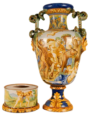 Tall Italian Majolica Serpentine Handles Vase with Separate Base Depicting Mythological Scene by Annibale Carracci, Farnese Gallery, Rome, 1597