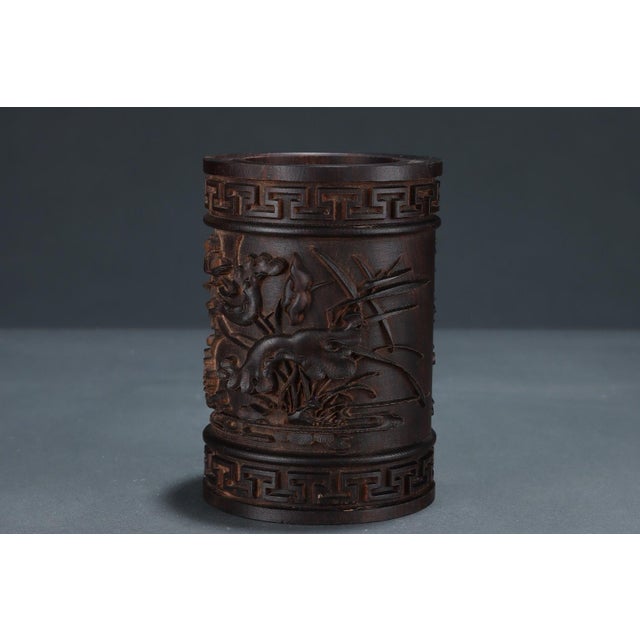Coffee Hand-Carved Agarwood Brush Pot With Mandarin Duck Water Motif For Sale - Image 8 of 8