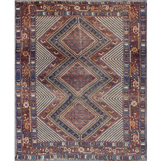 Tri-Medallion Antique Afshar Rug in Colorful Tones Brown and Gray Blue 5'0 X 6'1 For Sale