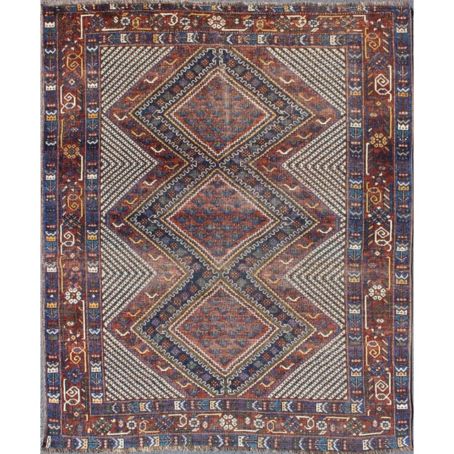 Tri-Medallion Antique Afshar Rug in Colorful Tones Brown and Gray Blue 5'0 X 6'1 For Sale