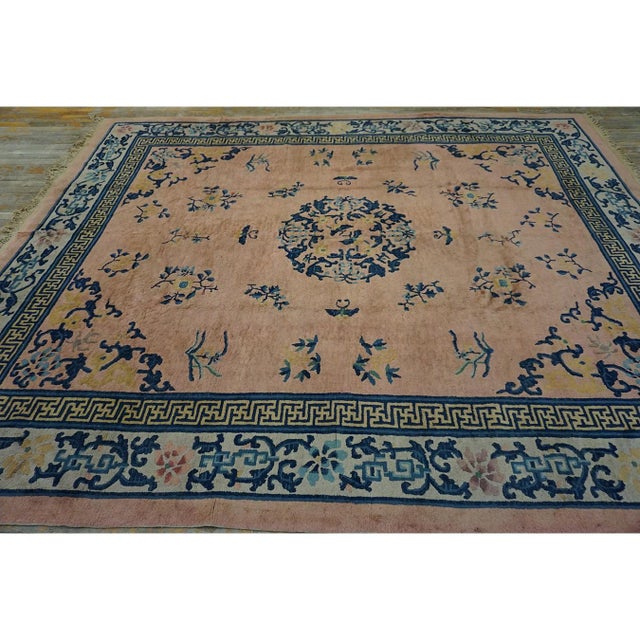 1930s 1930s Pink Rose Medallion Oriental Antique Chinese Peking Knotted Rug 8' X 10' For Sale - Image 5 of 8